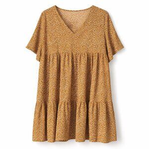 Mustard Boho Tiered Babydoll Dress XL Flowy V-Neck